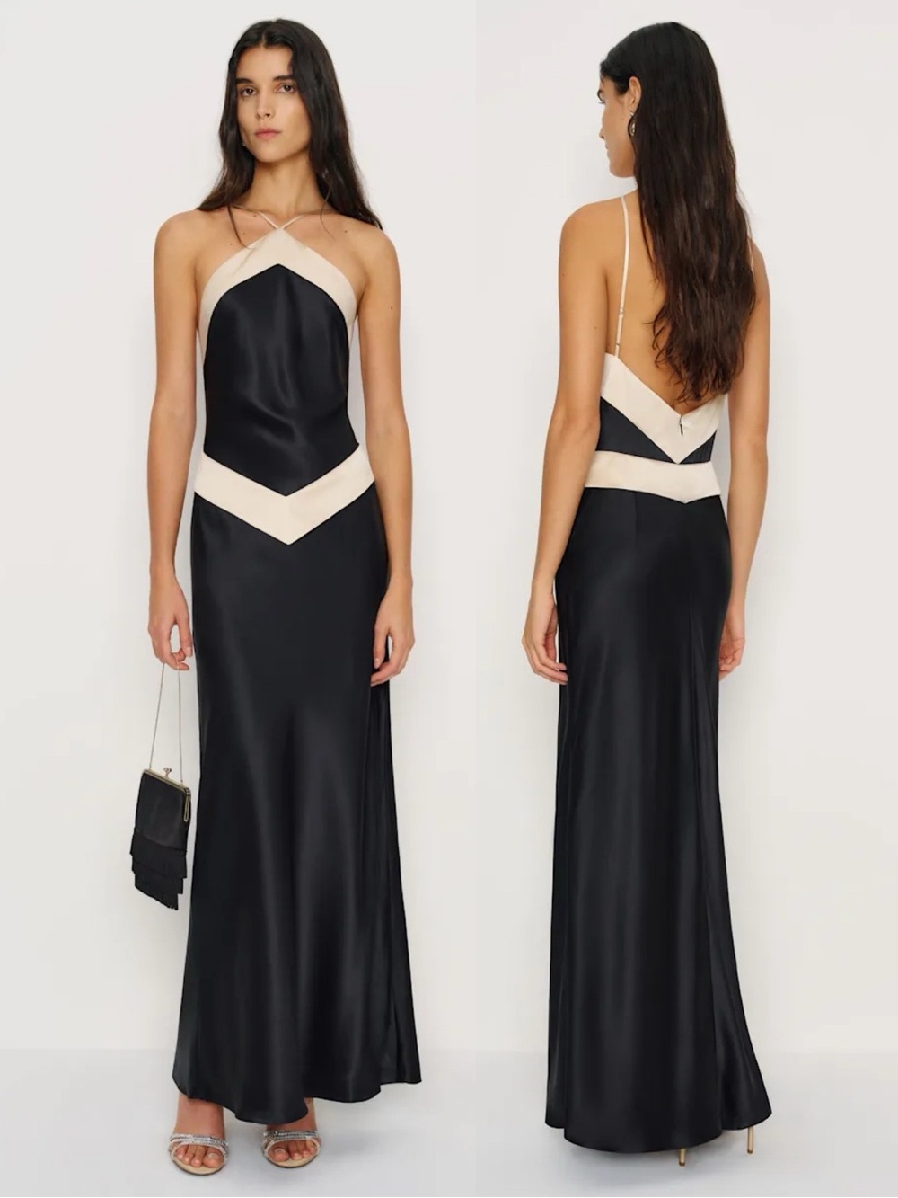 Reformation Jillian Silk Halter Maxi Dress Black Cream NEW with tags